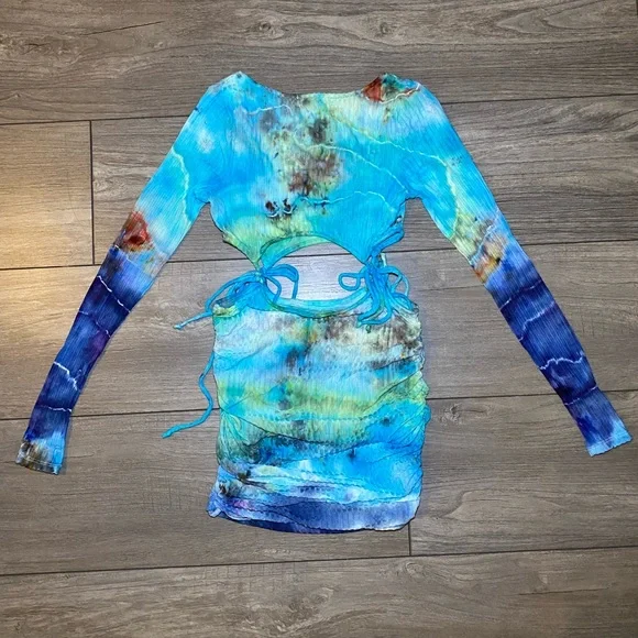 EUC Handmade OOAK Custom Hand Dyed Long Sleeve Square Neck Ruched Mini Dress - Picture 7 of 11